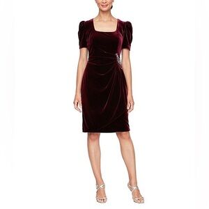 Alex Evenings Sz 10 Square Neck Short Puff Sleeve Embellished Waist Sheath Dress